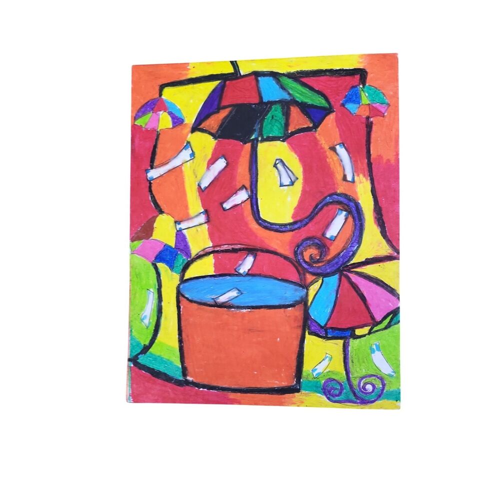 Original Mixed Media Umbrella Art Colorful Expressionist Painting Rainy Day